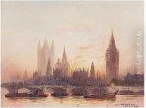 Westminster Bridge Looking 
Towards Parliament; London Bridge Looking Towards St Paul's Cathedral Oil Painting by Frederick E.J. Goff