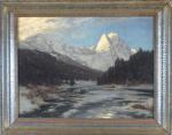 Zwei Jager Auf Dem Gefrorenen 
Riessersee Vor Dem Wettersteingebirge Mit Den Waxensteinen Im 
Morgenlicht Oil Painting by Heinrich Gogarten