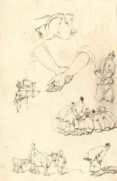 Studies of Chinese Figures with cattle Oil Painting by George Chinnery