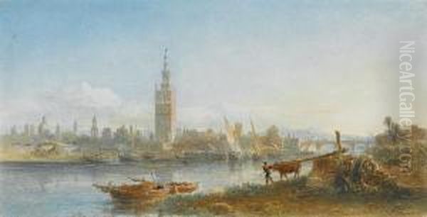 The Guadalquivir River, Seville, With The Giralda Tower In The Distance Oil Painting by Edward Alfred Angelo Goodall