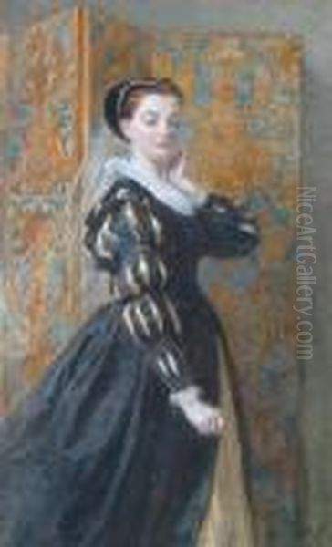 A Lady In Elizabethan Costume 
Standing Before A Screen 'walter Goodall, 1867' (lower Right) Oil Painting by Walter Goodall