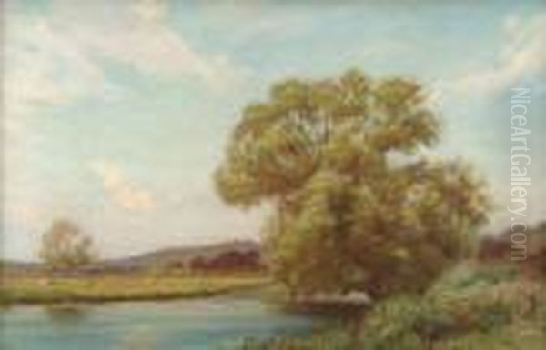 River Landscape With A Large 
Tree And Cattle Grazing Beyond,thought To Depict The Thames At Henley Oil Painting by William Henry Gore