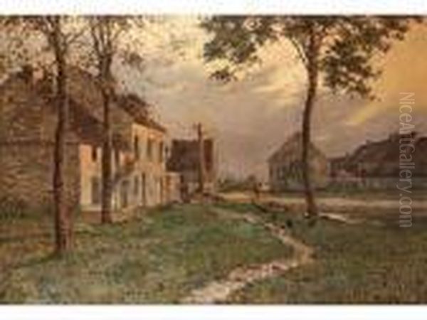 < La Vie A La Ferme> Huile Sur 
Toile. Signee En Bas A Gauche. 81,2 X 116,4 Cm.gosselin Fut Eleve Et Ami
 De Harpignies Oil Painting by Albert Ferdinand J. Gosselin