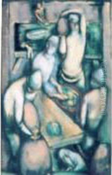 Cinq Personnages Dans Un Atelier Oil Painting by Leopold Gottlieb