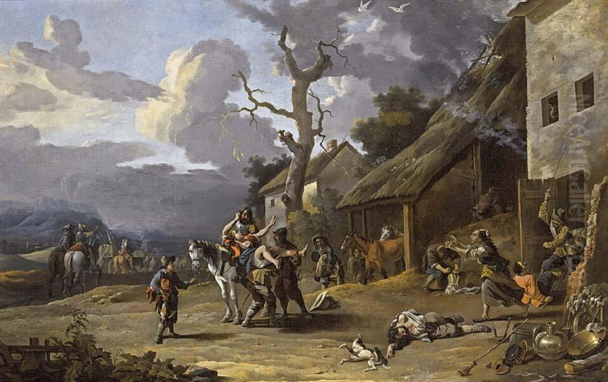 Mercenaries Plundering A Village Oil Painting by Anton Goubau