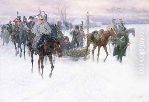 Napoleon's Troops Retreating from Moscow, 1888-89 Oil Painting by Jan van Chelminski