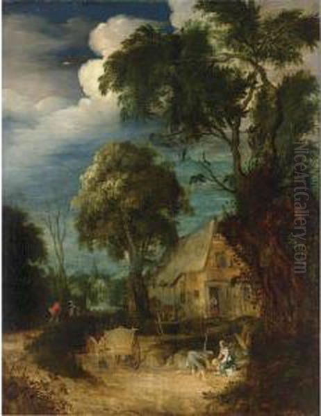 A Wooded Landscape With Peasants
 With A Horse-drawn Cart Near A Farm And Shepherds With Their Flock On A
 Path In The Background Oil Painting by Abraham Govaerts