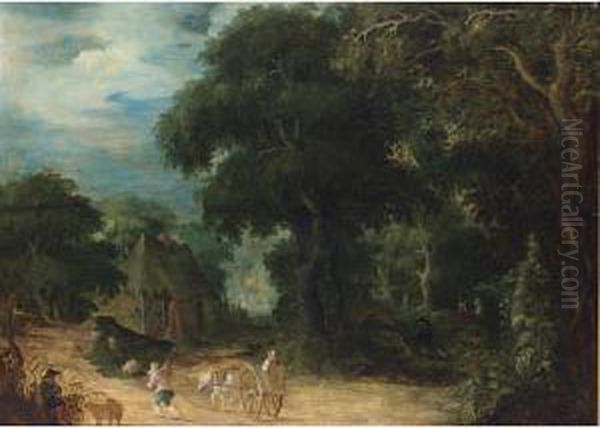 A Wooded Landscape With A Woman 
In A Horse-drawn Cart And A Shepherd And His Herd On A Path, A Peasant 
Playing A Flute In The Left Foreground Oil Painting by Abraham Govaerts
