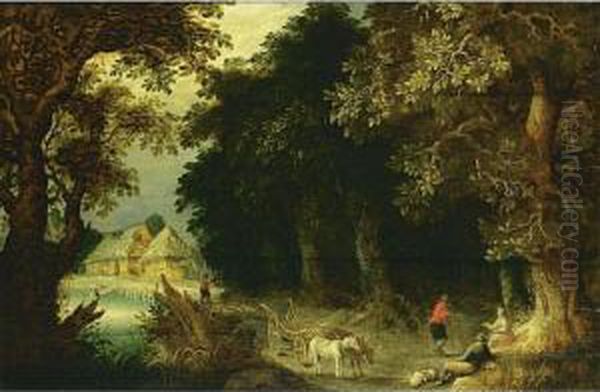 A Wooded Landscape With 
Travellers Resting Near A Tree, With A Horse-drawn Wagon On A Path Near A
 Stream And Farmhouses Beyond Oil Painting by Abraham Govaerts