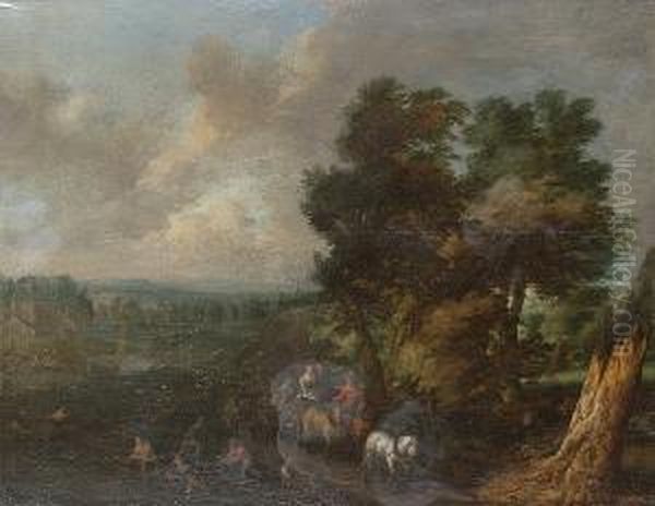 A Wooded River Landscape With 
Travellers In A Coach Passing Fishermen Hauling In Their Catch Oil Painting by Abraham Govaerts