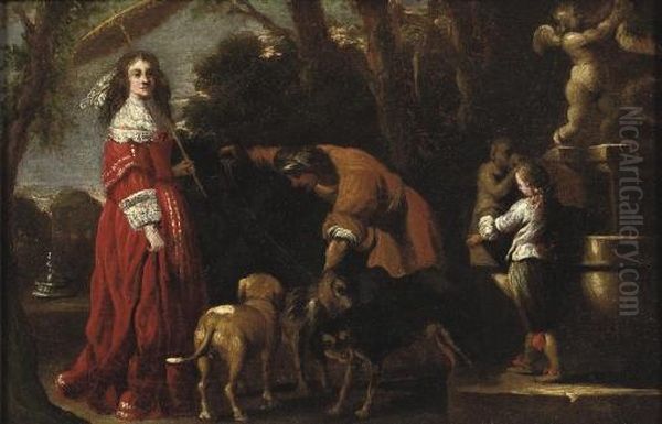 An Elegantly Dressed Lady And 
Her Son In A Parklandscape Near A Fountain, A Male Servant Attending Her
 Dogs Nearby Oil Painting by Barent Graat