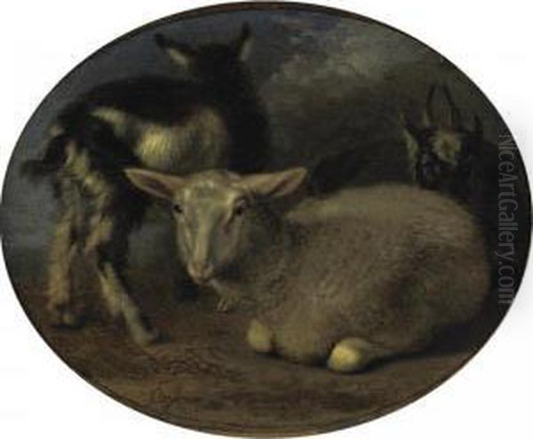A Sheep And Two Goats In A Landscape Oil Painting by Barent Graat