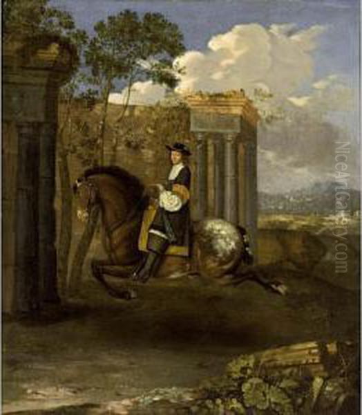 An Equestrian Portrait Of A 
Gentleman, Aged 55, Riding A Bay Horse, In The Position Of The Oil Painting by Barent Graat