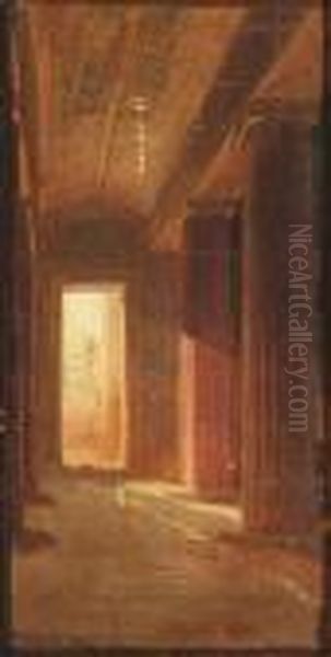 Sketch For A Painting In The 
Egyptian Courtyard At The Museum In Berlin. Oil/paper/cardboard, Rest Of
 A Signature, Verso Inscribed Oil Painting by Carl Georg Anton Graeb