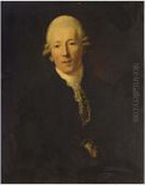 A Portrait Of A Gentleman, Said 
To Be Jacob Thomas Gaudlitz, Half Length, Wearing A Black Coat With A 
White Lace Scarf Oil Painting by Anton Graff