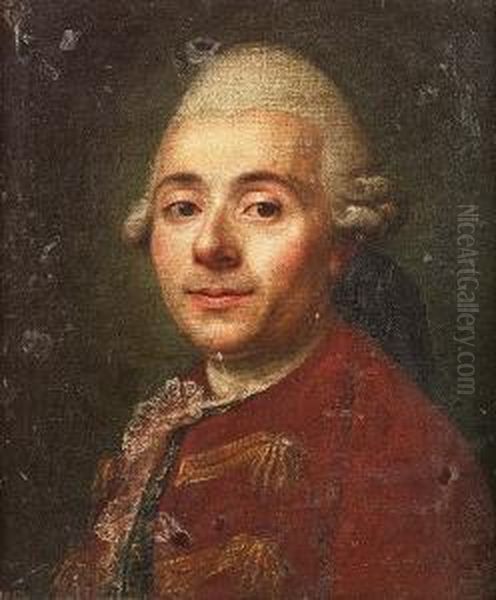 Portrait Of A Gentleman, 
Bust-length In A White Lace Cravat, A Red Tunic And Blue Waistcoat 
Embroidered With Gold Oil Painting by Anton Graff
