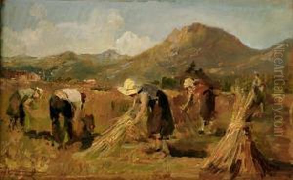La Raccolta Del Grano Oil Painting by Ovidio Gragnoli