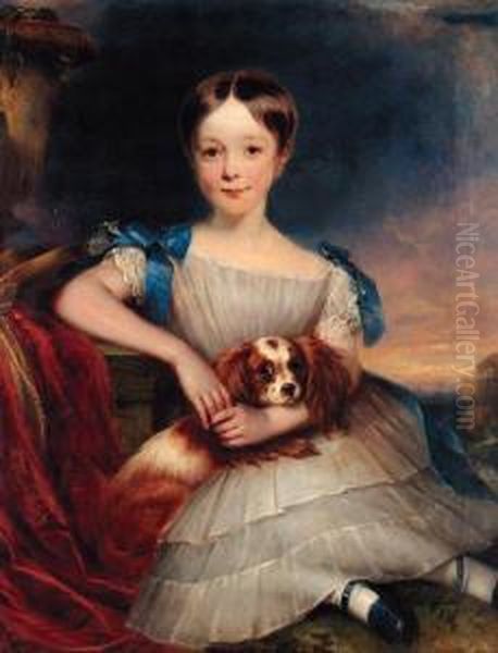Portrait Of A Young Boy, Thought
 To Be Sir John Pitfield, Seatedfull-length, In A White Dress With Blue 
Ribbons, A Toy Spaniel Onhis Lap, A Landscape Beyond Oil Painting by John Graham Gilbert