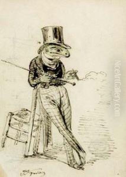 Grenouille Habillee Fumant Le Cigare Oil Painting by Jean-Jacques Grandville