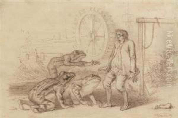 Homme Effraye Par Trois Crapauds Geants Oil Painting by Jean-Jacques Grandville