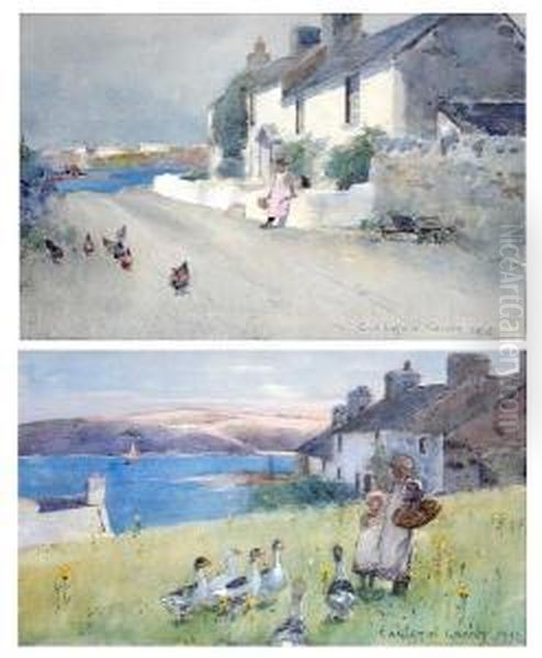 Young Girls Feeding Ducks By A 
Welsh Cottage On The Coast, Together With Another Of A Girl And Chickens
 Before A Coastal Cottage, A Pair Oil Painting by Carleton Grant