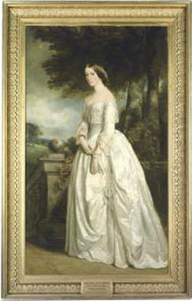 Portrait Of Louisa Madeleine 
Keith-falconer, Nee Hawkins(1828-1916), Countess Of Kintore, 
Full-length, In A Whitedress Oil Painting by Sir Francis Grant