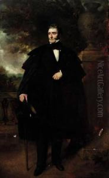 Portrait Of A Gentleman, 
Possibly A Member Of The Fortescue Family,full-length, In A Black Suit 
And Cloak, Holding A Top Hat And Cane,on A Terrace Oil Painting by Sir Francis Grant