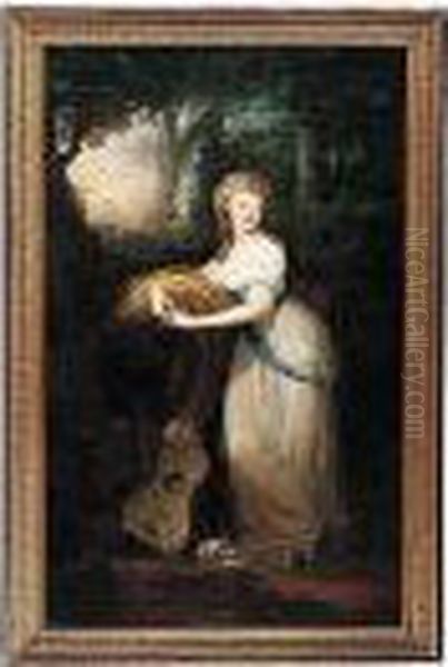 Portrait Of A Princess Christine
 Radziwill, Full Length, Wearing A White Dress With A Blue Sash And Gold
 Mantle, Standing In A Wooded Landscape, With A Guitar And Music Score 
Resting Beside Her Oil Painting by Josef Grassi