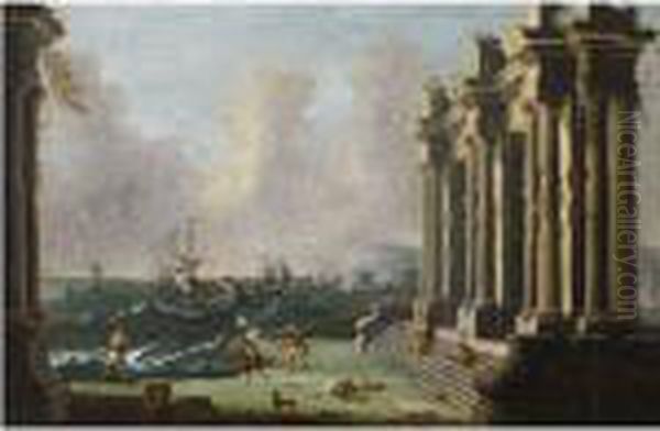 An Architectural Capriccio With Figures Amidst Classical Ruins Oil Painting by Gennaro Greco