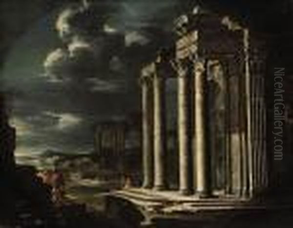 An Architectural Capriccio With Soldiers Conversing Oil Painting by Gennaro Greco