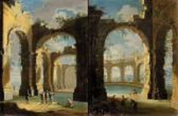 Thermes Antiques En Ruines Avec Personnages Oil Painting by Gennaro Greco