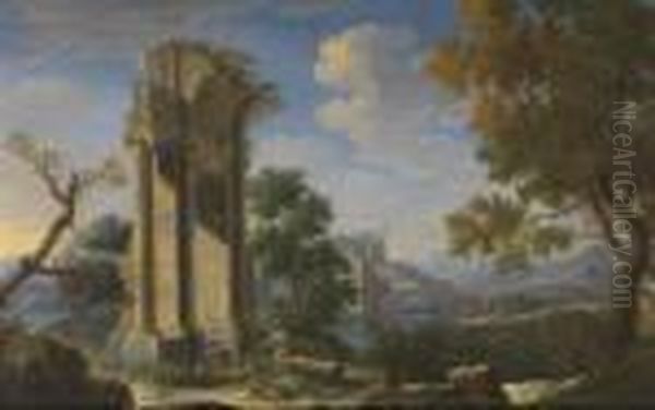 Paesaggi Con Rovine Architettoniche, Pastori E Viandanti Oil Painting by Gennaro Greco