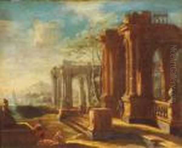 Paesaggio Costiero Con Rovine E Figure Oil Painting by Gennaro Greco