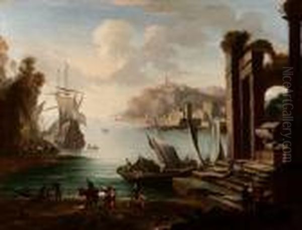 Marina Con Porto E Rovine Oil Painting by Gennaro Greco