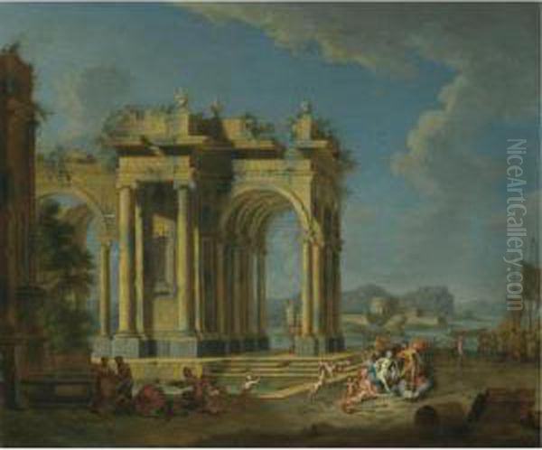 An Architectural Capriccio With Bacchus And Ariadne Oil Painting by Gennaro Greco