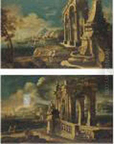 Vedute Costiere Con Capricci Architettonici E Figure Oil Painting by Gennaro Greco