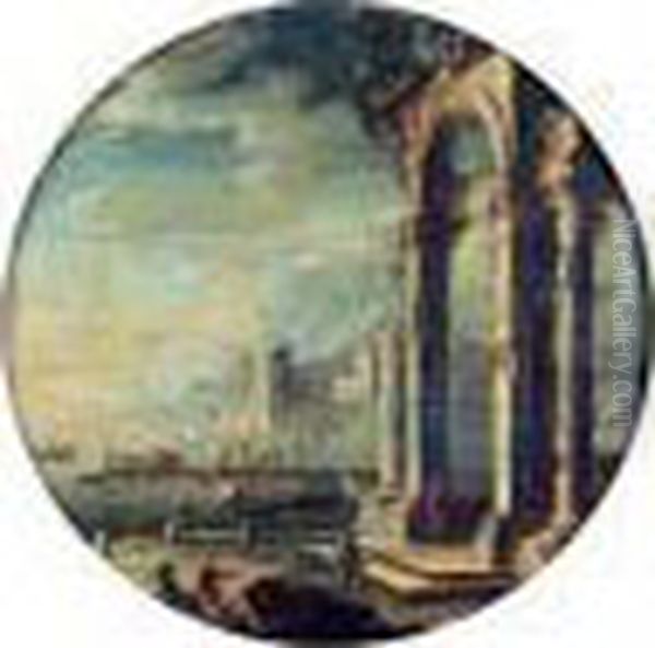 Ruines Antiques Devant Un Port Mediterraneen Anime De Promeneurs Oil Painting by Gennaro Greco