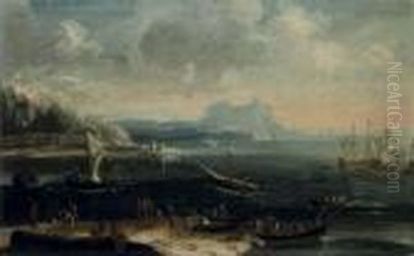 Paesaggio Costiero Con Una 
Reminiscenza Del Monte Pellegrino Connavi In Mare E Vascelli All'ancora Oil Painting by Gennaro Greco