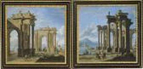 Lotto Unico Di Due Dipinti: <architettura Con Arco Trionfale E Oil Painting by Gennaro Greco