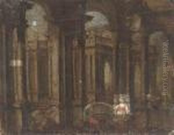 A Capriccio Of A Palace Courtyard With Figures Playing Music Anddancing Oil Painting by Gennaro Greco