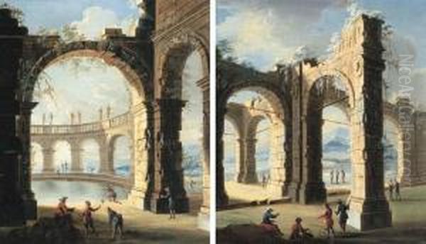 Figures Amongst Classical Ruins Oil Painting by Gennaro Greco
