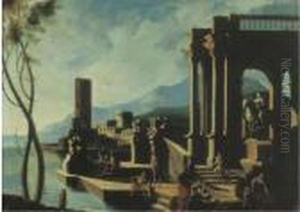 Architetture Classiche Con Sculture Antiche, Astanti E Cittafortificata In Lontananza Oil Painting by Gennaro Greco
