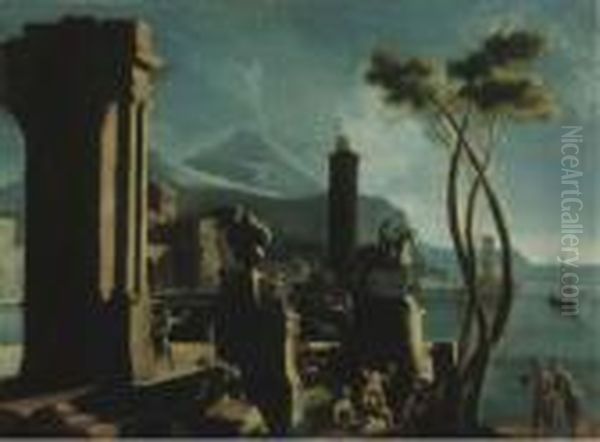 Rovine Classiche Presso La Riva Con Sculture E Astanti Ed Ilvesuvio In Lontananza Oil Painting by Gennaro Greco
