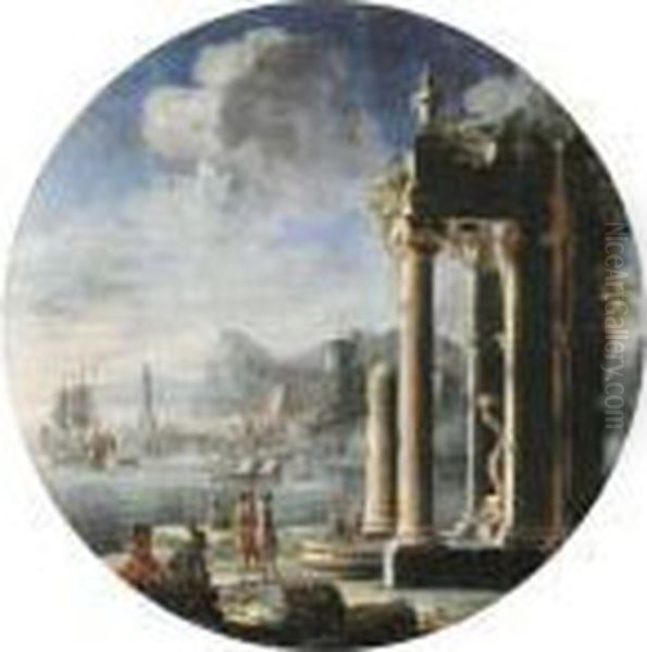 A Capriccio Of Architectural 
Ruins With Figures By A Fountain, A Dutch Frigate And Other Shipping In A
 Bay Beyond Oil Painting by Gennaro Greco