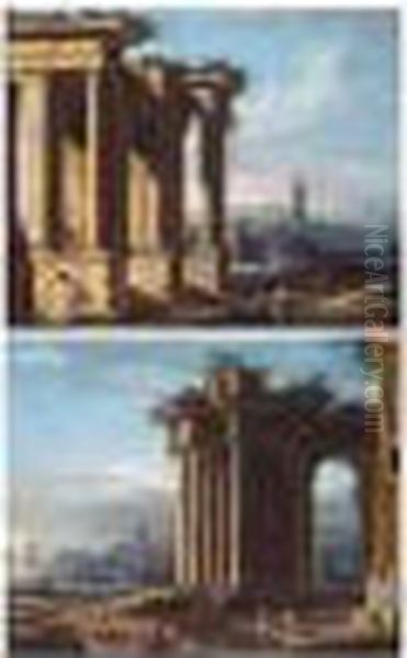 A Capriccio Scene Of A Harbour, With Figures Beside A Fountain Oil Painting by Gennaro Greco