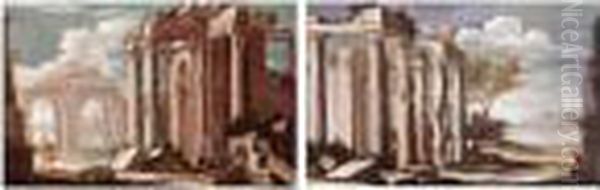 Archtectural Capricci With Figures Among Ruins Oil Painting by Gennaro Greco