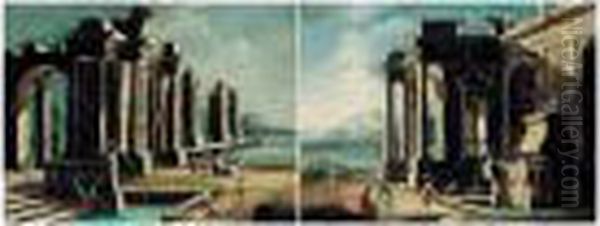 Architectural Capricci With Figures By A Fountain Oil Painting by Gennaro Greco