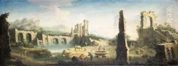 An Extensive River Landscape With Herdsmen And Cattle Among Classical Ruins Oil Painting by Gennaro Greco
