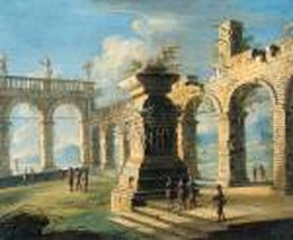 An Architectural Capriccio With Classical Ruins And Figures Oil Painting by Gennaro Greco