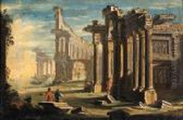 Capriccio Architettonico Di Rovine Antiche Presso Una Riva Oil Painting by Gennaro Greco